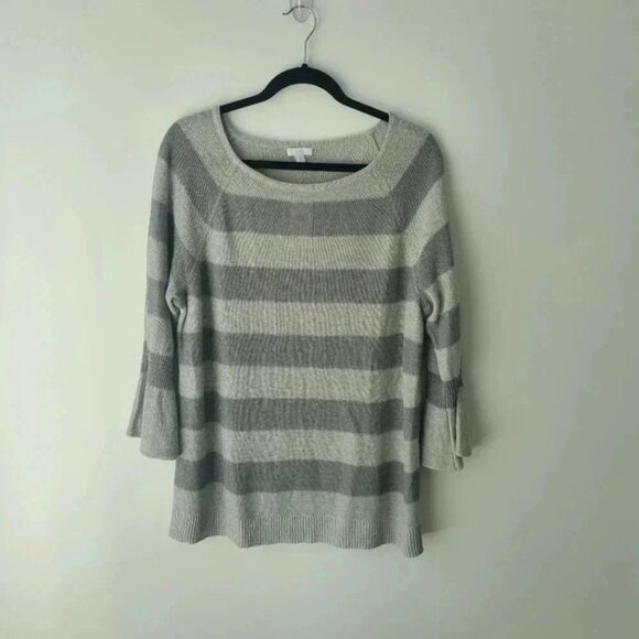 J Jill Gray Striped Metallic Sparkle Bell Sleeve Linen Blend Sweater Sz … - Picture 1 of 8
